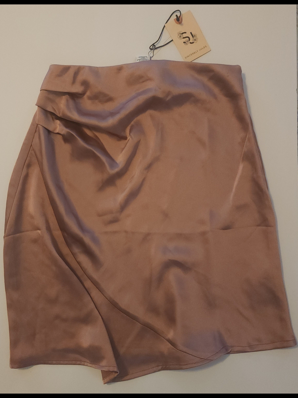 Sincerely Jules Asymmetrical Satin Skirt in Mauve Taupe